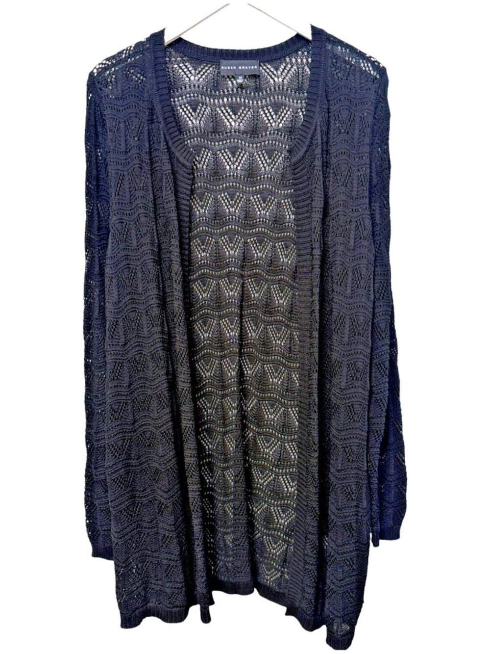 SUSAN GRAVER Cardigan Plus Size 1X Black Crochet Knit Duster Long Sweater